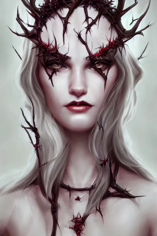 Prompt: Portrait of beautiful pale succubus maiden with crown of thorns, and devil's horns, digital art by Artgerm, highly detailed, trending on artstation, award winning,