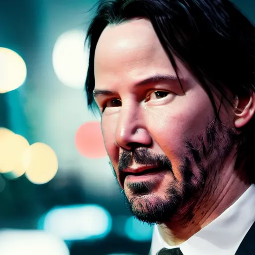 Image similar to a still of Keanu Reeves. Shallow depth of field. City at night in background, lights, colors ,studio lighting, mood, 4K. Profession photography