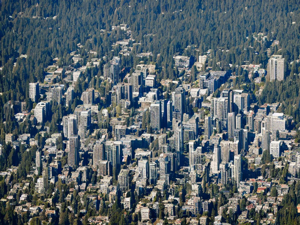 Image similar to bird's eye view photo of a metropolis highrise city, redwood forest to the south