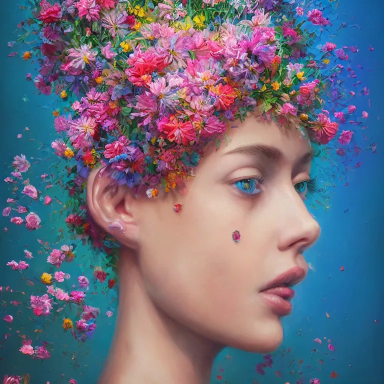 Prompt: a beautiful oil painting hyperrealism of a beautiful woman's head, flowers, floral headdress, 8 k resolution, octane render, trending on artstation, by gediminas pranckevicius, volumetric light 2 blue fractal thunder glow by dan mumford, anaglyph effect, laurie lipton