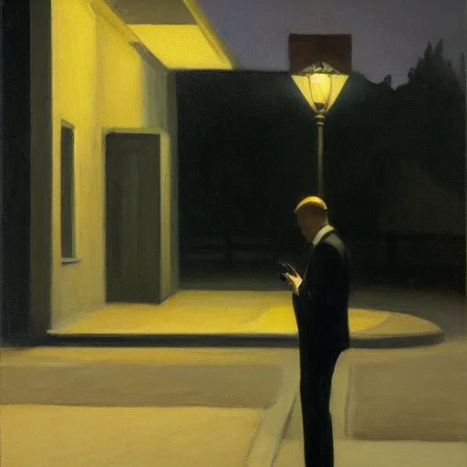 Prompt: man smoking cigarette in shadowy alley near street lamp, by edward hopper, full resolution