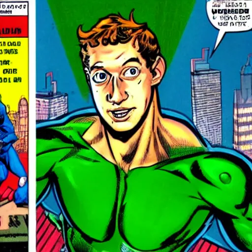 Image similar to Mark Zuckerberg as the Green Goblin in 1990s comic cover illustration, bust