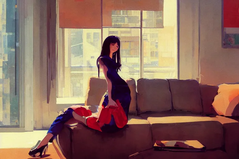 Image similar to A ultradetailed beautiful portrait panting of a stylish girl sitting in a messy modern apartment, bright sunny day, Oil painting, by Ilya Kuvshinov, Greg Rutkowski and Makoto Shinkai