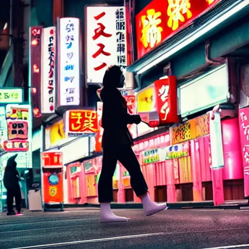 Prompt: female bigfoot walking through the streets of Japan with neon signs lining the streets illumated