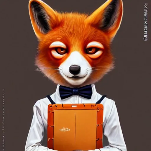 Image similar to a cute male anthropomorphic vulpes vulpes fulva teacher wearing suit working at a school, pixar style, by tristan eaton stanley artgerm and tom bagshaw.