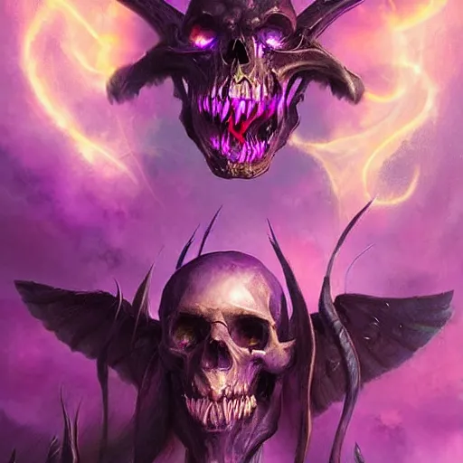 Image similar to flying skulls with violet fire trails, two fangs, violet theme, epic fantasy digital art style, fantasy artwork, by Greg Rutkowski, fantasy hearthstone card art style