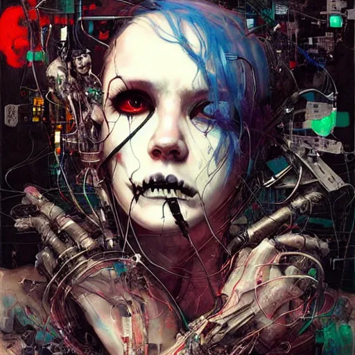 Image similar to woman cyberpunk hacker dream thief, wires cybernetic implants, skulls in the style of adrian ghenie, esao andrews, jenny saville,, surrealism, dark art by james jean, takato yamamoto