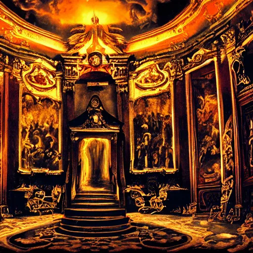 Prompt: satan's rococo palace in hell, 3 5 mm photography, highly detailed, cinematic lighting, 4 k