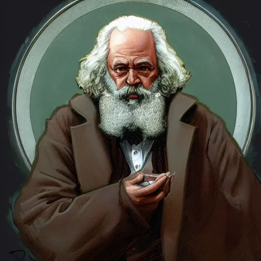 Image similar to Karl Marx pondering his orb, highly detailed, digital painting, artstation, concept art, smooth, sharp focus, illustration, art by todd lockwood and magalie villeneuve and alan lee and artgerm and greg rutkowski and alphonse mucha