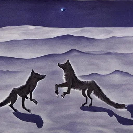 Prompt: surrealist landscape painting of bipedal wolves on the moon