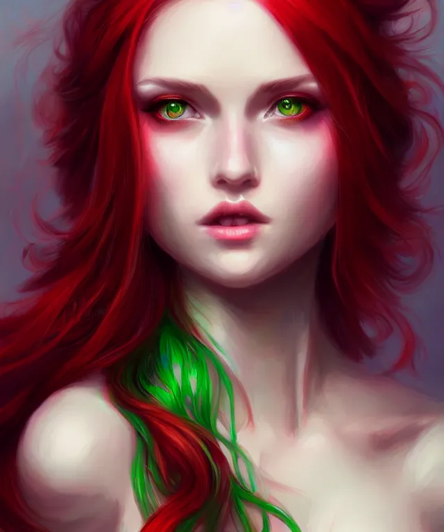 Image similar to Fae teenage girl, portrait, face, long red hair, green highlights, fantasy, intricate, elegant, highly detailed, digital painting, artstation, concept art, smooth, sharp focus, illustration, art by artgerm