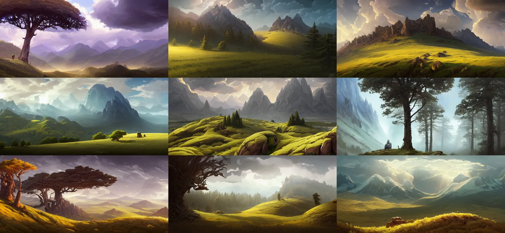 Prompt: mountain landscape without people, high trees, top of the hill, above low layered clouds, thunder sky, deep focus, fantasy, intricate, elegant, highly detailed, digital painting, artstation, concept art, matte, sharp focus, illustration, hearthstone, art by rhads and artgerm and greg rutkowski and alphonse mucha.