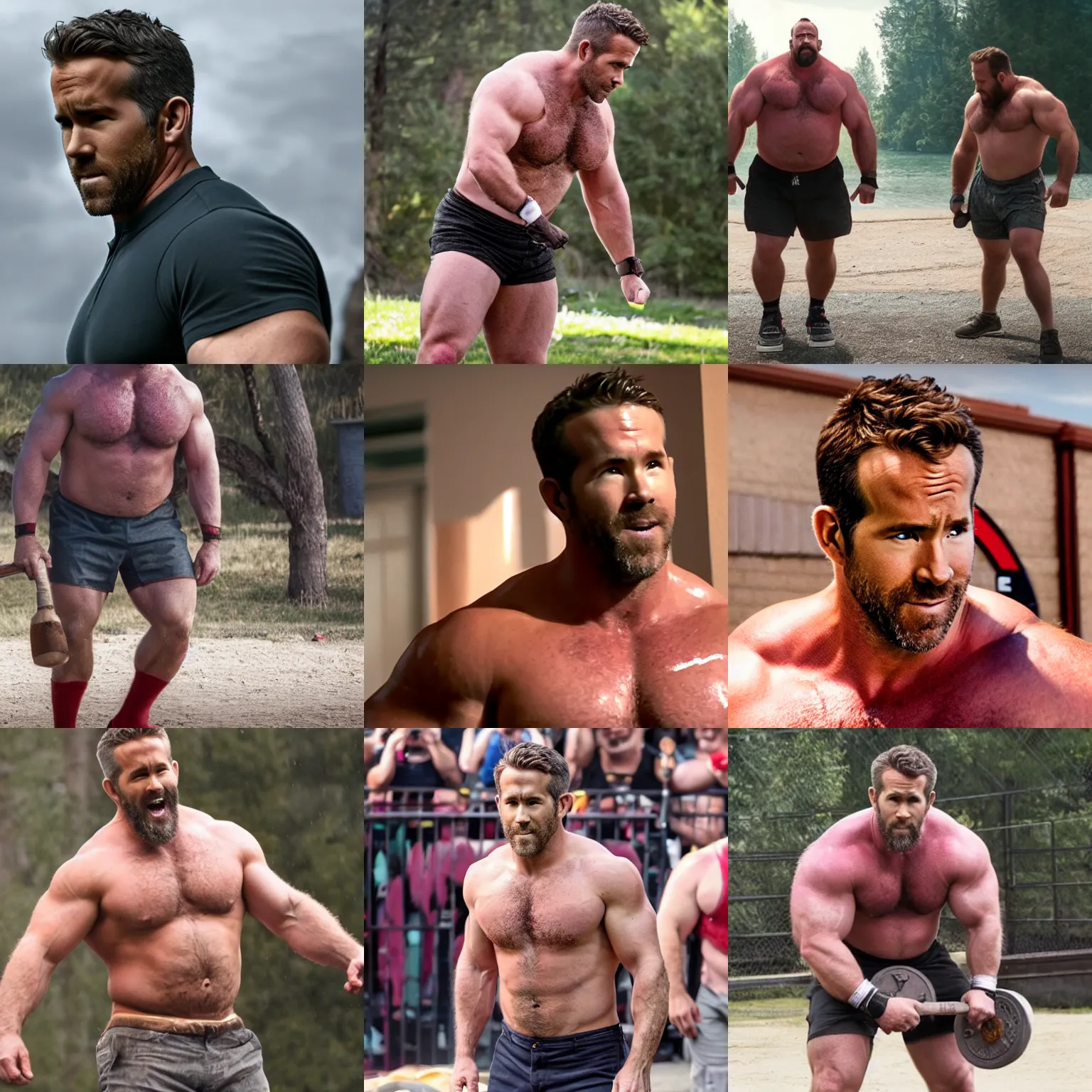 Prompt: ryan reynolds as a big burly padded strongman, 4 k hd