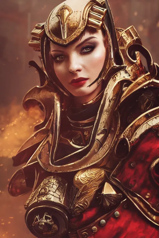 Prompt: a portrait of a adepta sororitas, warhammer 4 0 k setting, dynamic pose, close - up, intricate details, intricately detailed clothing, intricate textures, warm lighting, vivid colors, smoke and mist, realistic octane render, hyper realistic render, volumetric shading, depth of field, raytracing, 8 k,