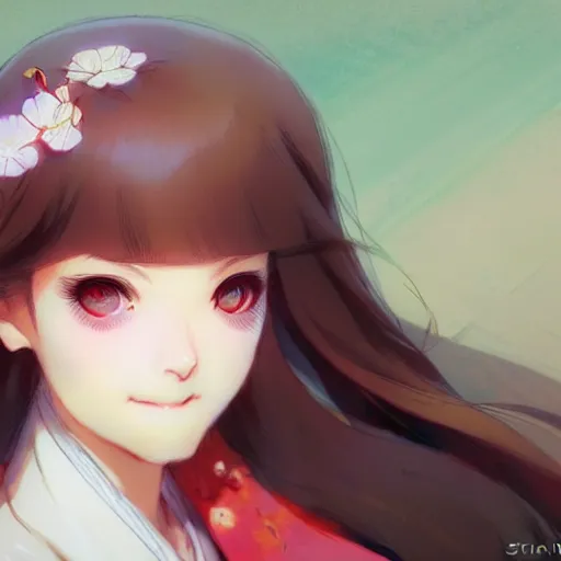 Prompt: smiling super detailed eyes eyebrowless perfec girl in kimono by Stanley Artgerm Lau, Rossdraws, James Jean, Andrei Riabovitchev, Marc Simonetti, and kyoani, krenz cushart, pixiv, manga cover