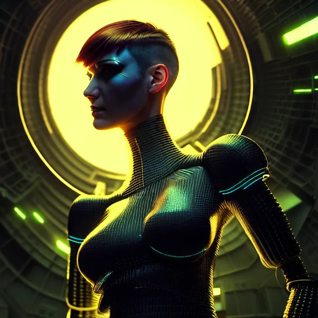 Image similar to hyperrealistic mixed media portrait of a female retrofuturistic cyber punk with a pixie cut, stunning 3d render inspired art by P. Craig Russell and Barry Windsor-Smith + perfect facial symmetry + dim volumetric lighting, 8k octane beautifully detailed render, post-processing, extremely hyperdetailed, intricate futuristic mechanic parts, epic composition, grim yet sparkling atmosphere, cinematic lighting + masterpiece, trending on artstation