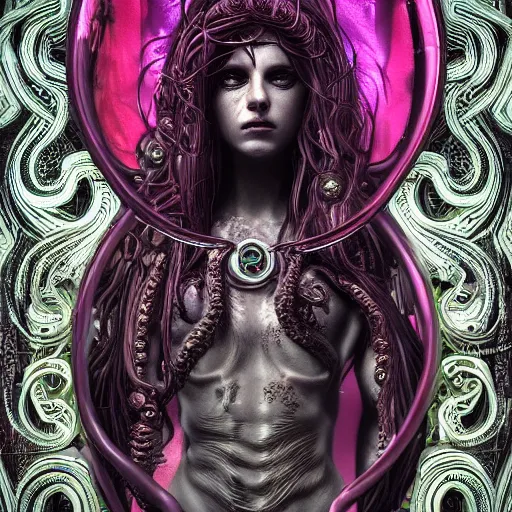 Image similar to Cyberpunk medusa, dark atmosphere, cinematic shot, intricate, ornate, photorealistic, ultra detailed, realistic, 35mm, photography, neon, octane, high definition, depth of field, bokeh, 8k, artstation, ((alphonse mucha)), ((hr giger))