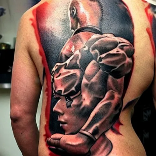 Prompt: tattoo of anime dwayne the rock Johnson on arm back