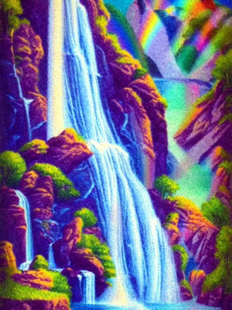 Image similar to artdeco illustration waterfall cascading onto rocks, small rainbow emerging in background, holographic, beautiful scenery,