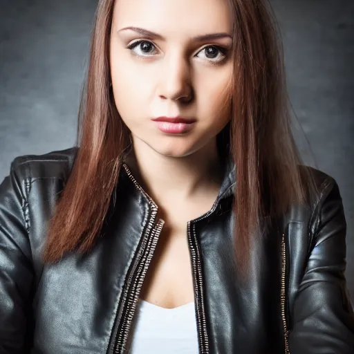 Prompt: young woman in her 20s, she wears a leather jacket and boots, full body shot, photography, very detailed face