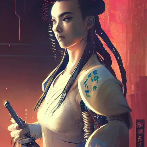 Image similar to cyberpunk samurai ,with techware , D&D, intricate, elegant, highly detailed, digital painting, japanese , altered carbon style,trending on artstation, concept art, illustration, art by Artgerm and Greg Rutkowski and Alphonse Mucha