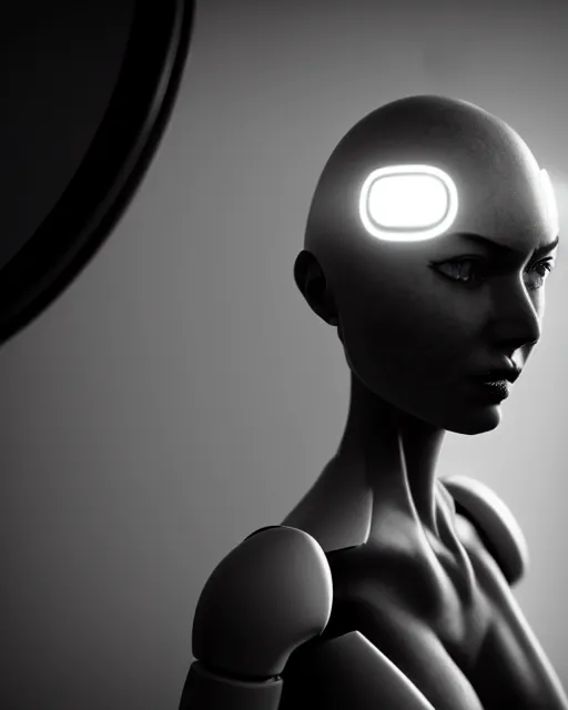 Prompt: black and white high quality photo of a female AI-cyborg-doll looking into a sci-fi mirror, volumetric lighting, hyperdetailed, photorealistic, cinematic, masterpiece, elegant, dark, in the style of Man Ray, octane render, 8K,