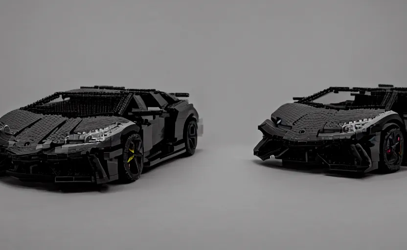 Image similar to black lamborghini in lego style. studio. soft light. dark background. cinematic. product shot. intricate. highly detailed