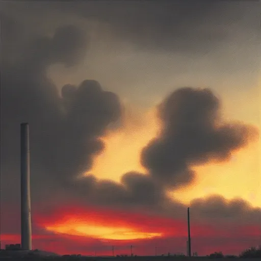 Image similar to “dramatic painting of industrial smokestacks piercing a layer of black clouds, with a background of red clouds lit by a sunset, in the style of the Hudson River school”