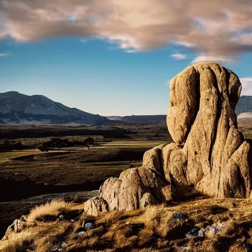 Image similar to an epic landscape, rock formation that looks like a woman, a female mountain, cinematic light, long shadows,