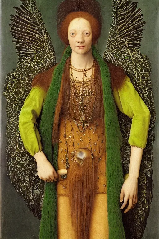 Image similar to portrait of humanoid iridescent green harpy eagle wearing a loose tunic. an anthropomorphic harpy birdr. fantasy, oil painting by jan van eyck, northern renaissance art, oil on canvas, wet - on - wet technique, realistic, expressive emotions, intricate textures, illusionistic detail