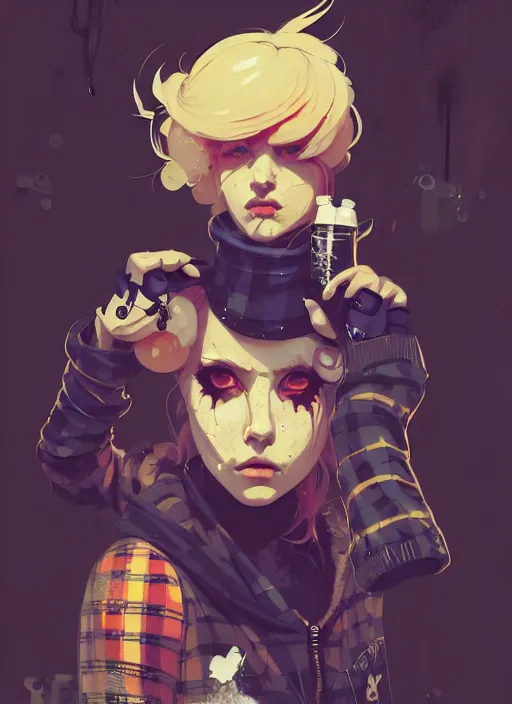 Image similar to highly detailed portrait of a sewer punk lady, tartan hoody, blonde ringlet hair by atey ghailan, by greg rutkowski, by greg tocchini, by james gilleard, by joe fenton, by kaethe butcher, gradient orange, black, blonde cream and white color scheme, grunge aesthetic!!! ( ( graffiti tag wall background ) )