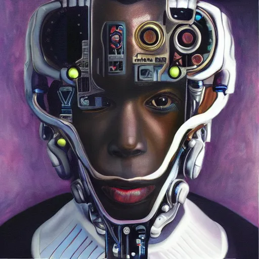 Prompt: a realistic oil painting of a black man as a cybernetic cyborg, surrealism portrait, surrealism album cover