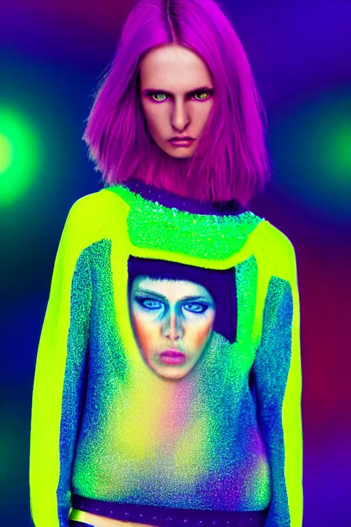 Image similar to stylish pullover for a rave bright colors, many details, photo for a magazine, photo for a store, fashion photography, Vogue, cinematic, hyper realism, high detail, 8k, very coherent symmetrical work, perfect face model, full length photo, Upper and lower body, white eyes, photographer style by Nik Night Erik Madigan Hec and Walter Chin and Camilla Akrans and Miles Aldridge