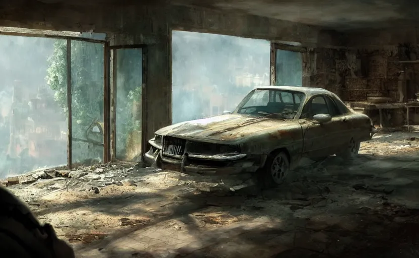 Prompt: the old car is in a ruined penthouse, painting by Craig Mullins, octane rendering, soft morning lighting, wide angle lens, in the style of Hayao Miyazaki, trending on artstation,