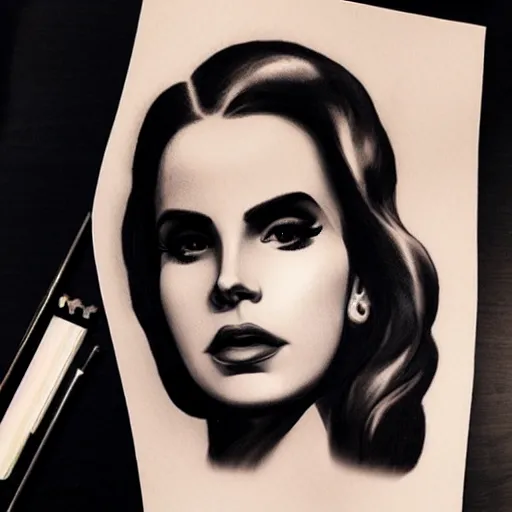 Image similar to Lana del rey tattoo design, photorealistic, dramatic