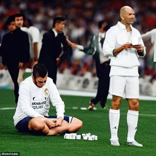 Image similar to zinedine zidane sitting on the pitch at the santiago bernabeu playing cards with a real life son goku