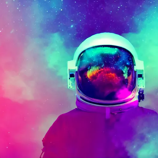 Prompt: rainbow vapor wave astronaut full body wide shot gradient map cyan magenta yellow, movie still, cinematic, photorealistic, extreme detail, sharp focus, 8 k, intricate, hyper detailed, realistic, cinematic lighting