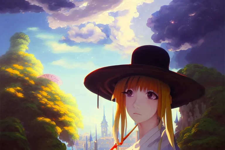 Prompt: baroque oil painting of anime key visual environment concept art of anime girl magician with big hat casting magic, brutalist, dark fantasy, rule of thirds, fake hidden detail, trending on pixiv fanbox, acrylic palette knife and brush, style of makoto shinkai studio ghibli genshin impact jamie wyeth james gilleard greg rutkowski