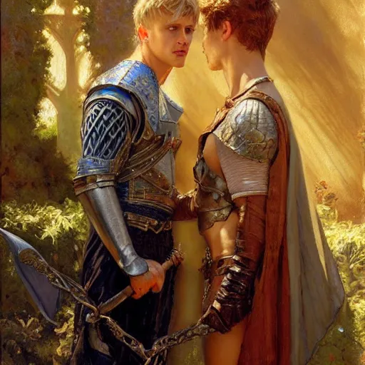 Image similar to attractive arthur pendragon confesses his love to attractive merlin. highly detailed painting by gaston bussiere, craig mullins, j. c. leyendecker 8 k