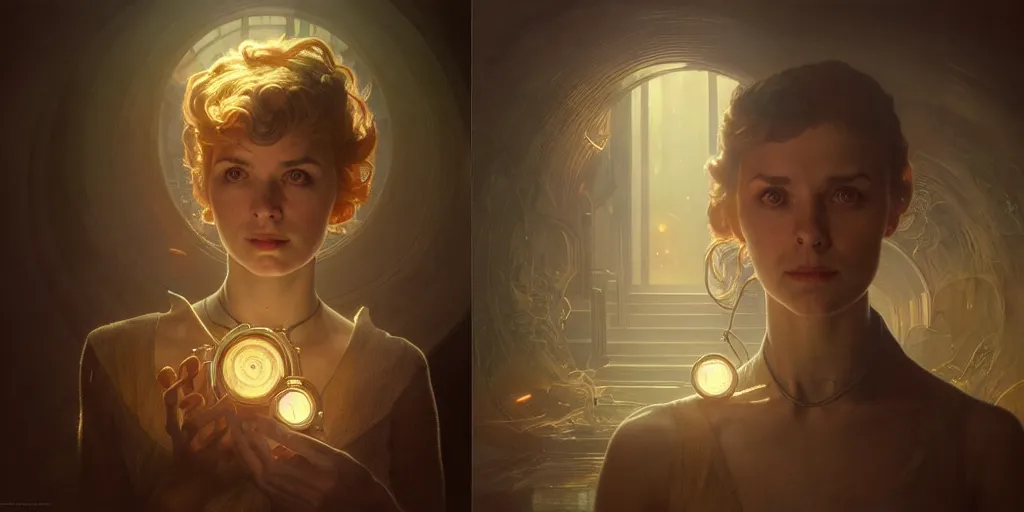 Image similar to teleporting portrait of a radioactive time - traveler!!, folding, ultra realistic, concept art, intricate details, eerie, highly detailed, photorealistic, octane render, 8 k, unreal engine. art by artgerm and greg rutkowski and alphonse mucha