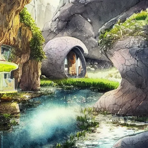 Image similar to beautiful happy picturesque charming sci - fi organic pod - like homes of the future in a beautiful natural scene. water, trees and rocks. beautiful light. soft colour scheme. beautiful artistic detailed watercolor by lurid. ( 2 0 2 2 )