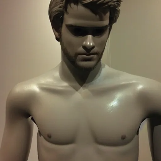 Image similar to “a realistic detailed photo of a guy who is an attractive humanoid who is half robot and half humanoid, who is a male android, actor Liam Hemsworth, shiny skin, posing like a statue, blank stare, at the museum, on display”