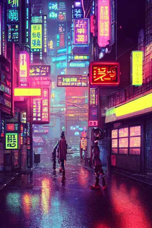 Image similar to isometric view of a cyberpunk neo-Tokyo street with illuminated signs and wet pavement, by Andrei Riabovitchev, Shaun Tan, Peter Mohrbacher and Takayuk, cinematic, realistic, intricate detail, finely detailed, small details, extra detail, photorealistic, high resolution, 3D, PBR, path tracing, volumetric lighting, octane render, arnold render, 8k