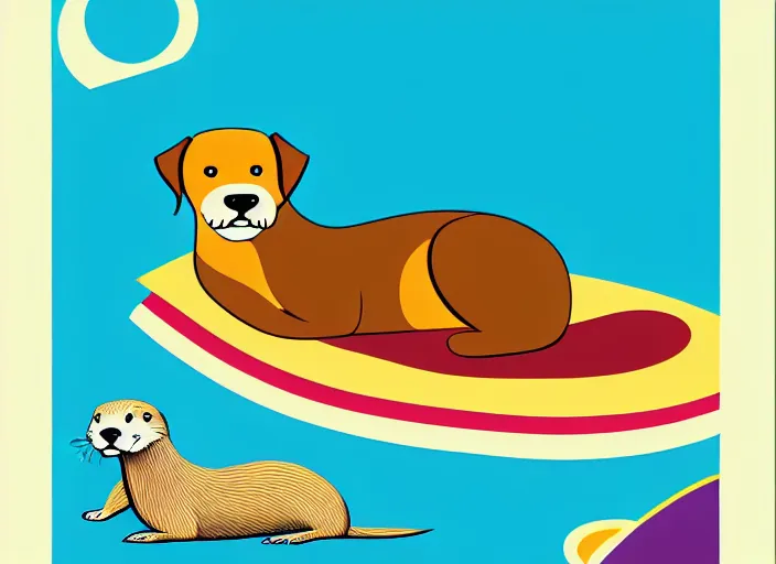 Image similar to dog and otter relaxing, colorful,modern art deco, disney poster, editorial illustration, detailed,