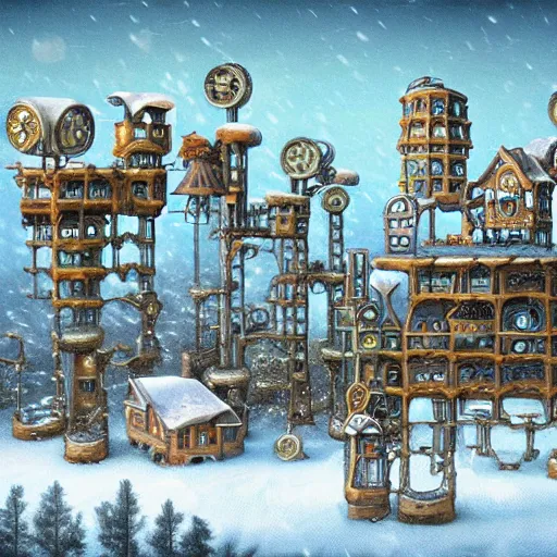 Image similar to a steampunk village on stilts in a snowy field , by Naoto Hattori,