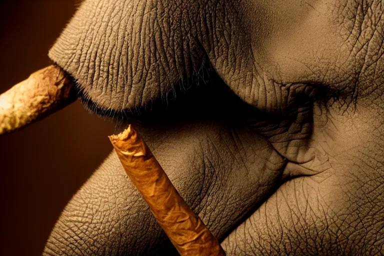 Image similar to ultra realistic nature photography, picture of ( subject : a cigar smoked by an elephant ). the scene is set in a cigar lounge, a very smokey atmosphere, small thick clouds of cigar smoke, artstation, focus on the cigar, extremely detailed and crisply sharp cigar, hyperrealistic smoke, sigma, 4 k