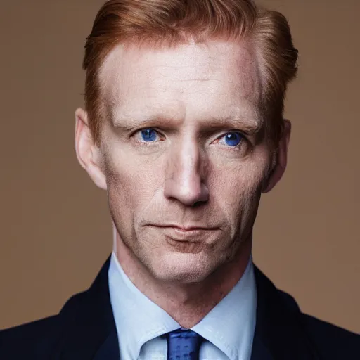 Prompt: photograph of an angelic ginger man in his 40s, greenish blue eyes, small nose, clean shaven, no wrinkles, tall, wearing a white shirt and elegant gray dress jacket, looking into the distance