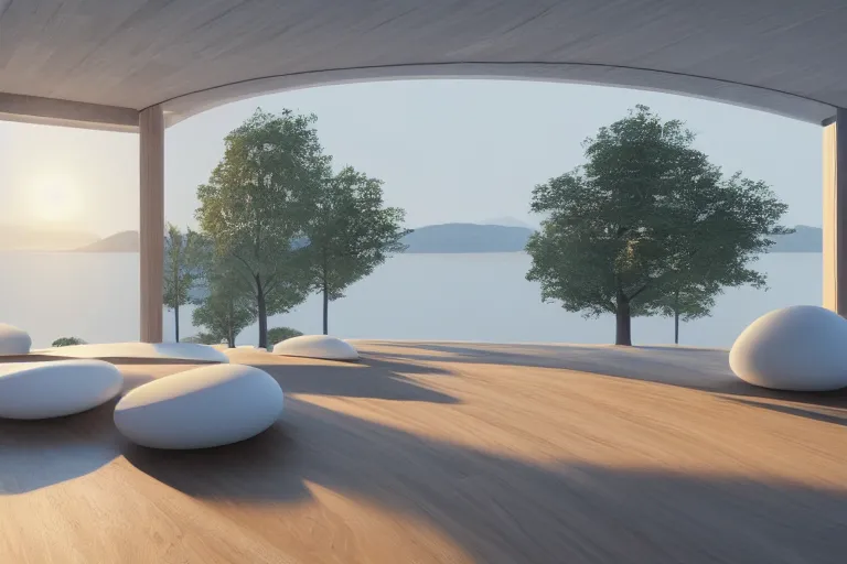 Prompt: a life building formed by the intersection and combination of many white spheres and egg shaped spaces ， by pierre bernard, on the calm lake, people's perspective, future, interior wood, dusk, unreal engine highly rendered, global illumination, radial light, internal environment