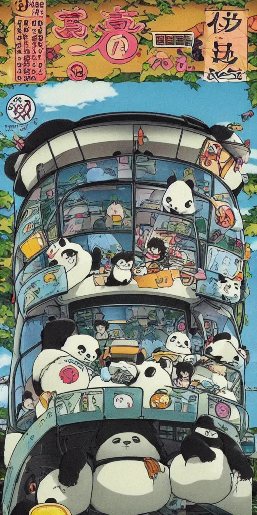 Image similar to a panda bus in japan like totoro, 1990s anime, full color, tarot card the chariot, highly detailed ,