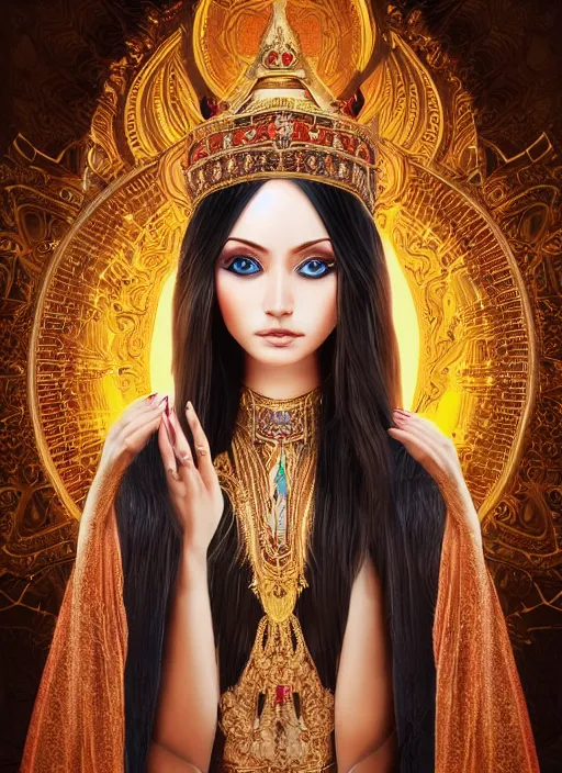 Prompt: beautiful full body concept art, photorealistic symmetrical beautiful face, symmetric eyes, female priestess with shiny hair wearing full intricate clothing, temple, godray, intricate lighting, micro detail, symmetric hands, cg society